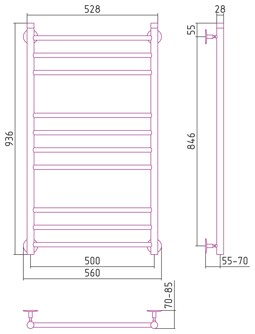 Полотенцесушитель водяной Стилье Универсал-55 1000x500