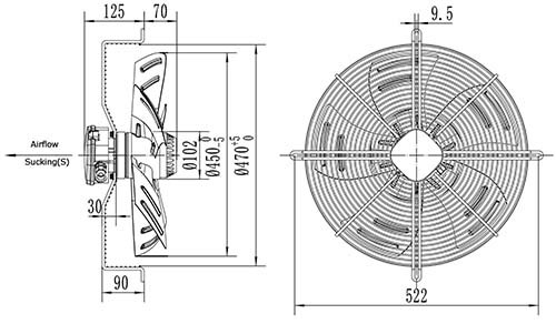 Вентилятор Ванвент YWF4E-450S-102/60-G вытяжной (всасывание) на сетке (5100 m/h)