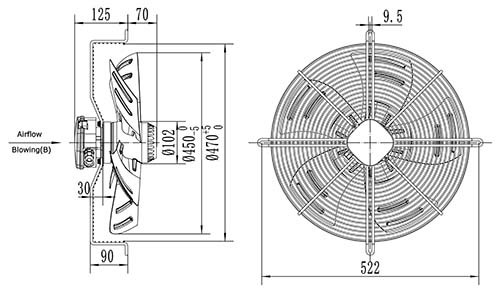 Вентилятор Ванвент YWF4E-450B-102/60-G нагнетающий (приток) на сетке (5100 m/h)